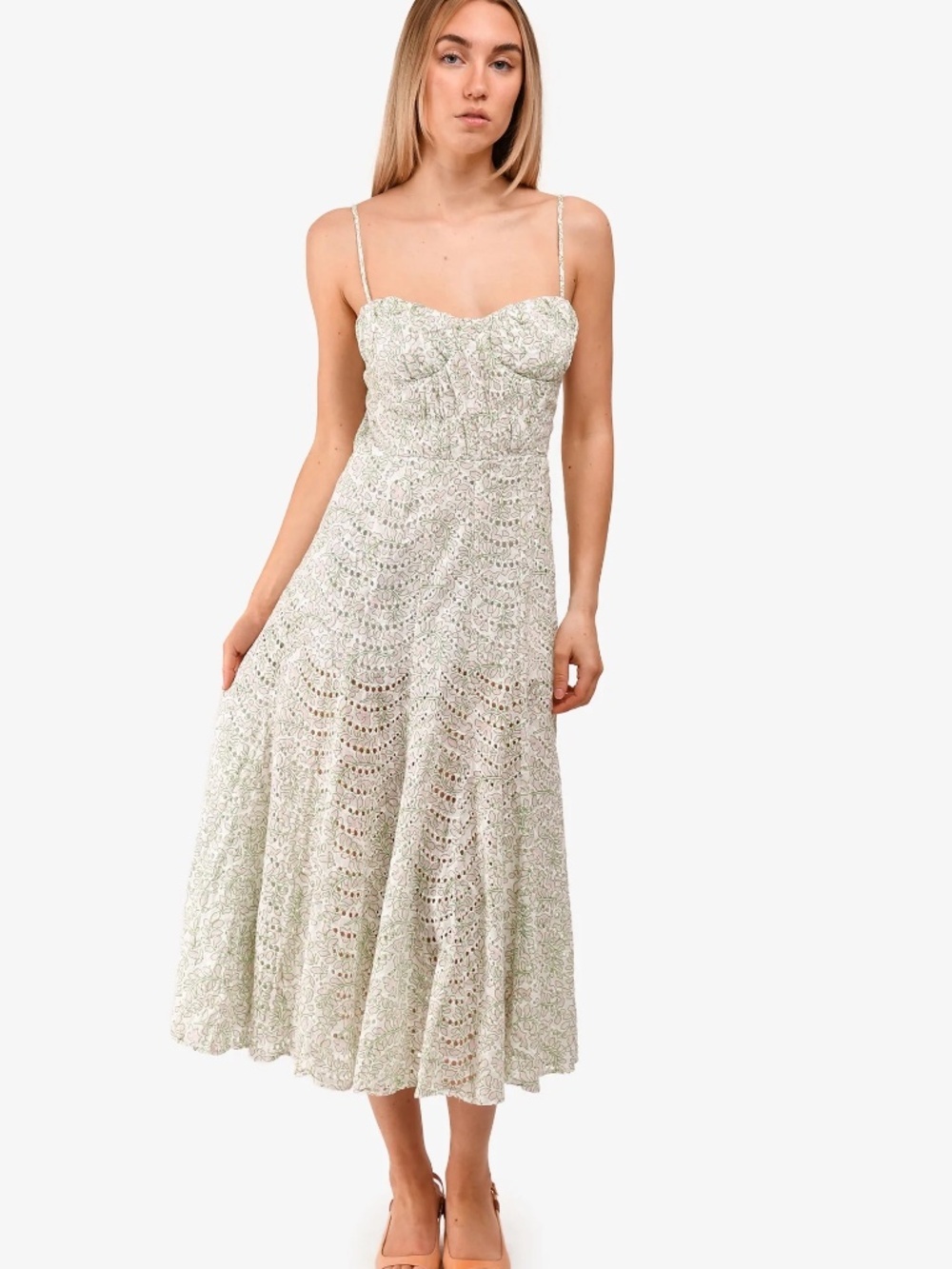 NWT Misa Los Angeles Lace Midi Dress in white/pink & green - Picture 10 of 10